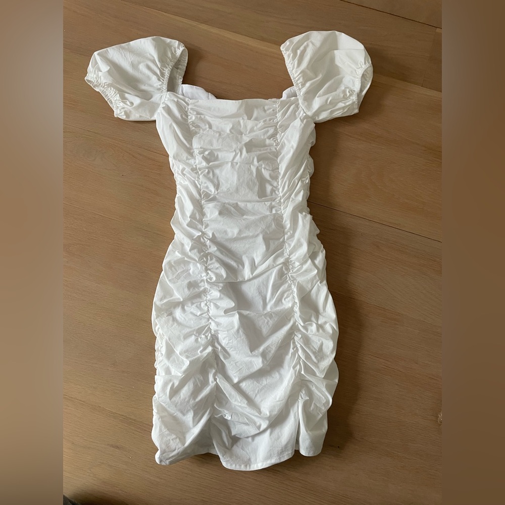 Superdown White Ruched Puff Sleeve Mini Dress